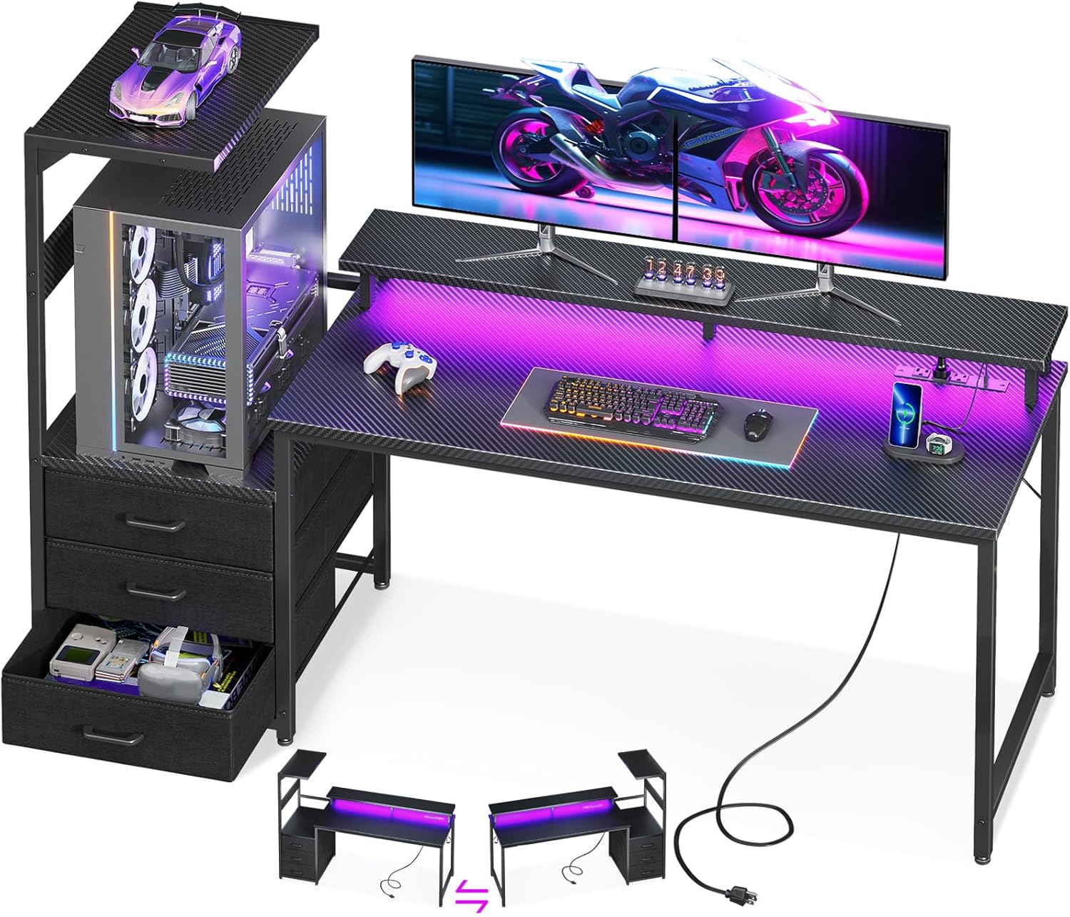 Desk Setup Black And Wood - 63 Inch Gaming Desk with PC