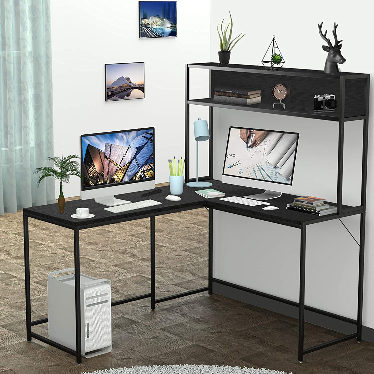 55 Inch Black L-Shape Corner W - огляд і ціна Desk Setup Black And Wood